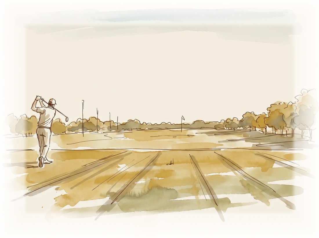 Ink and watercolour drawing of an empty golf driving range in late afternoon, one golfer mid-swing.